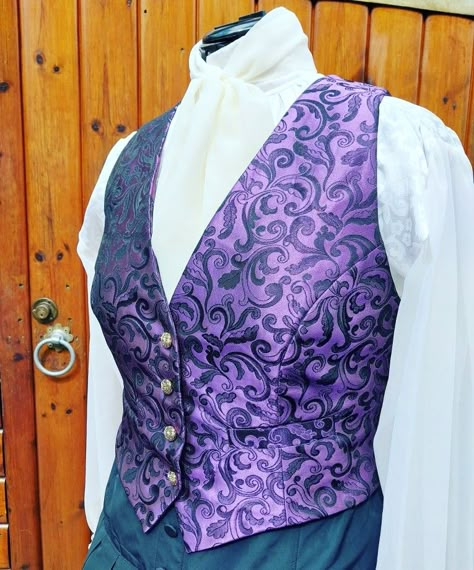 A purple brocade ladies waistcoat modelled on a dress form. Worn with a cream high necked blouse with a chiffon bow tie scarf Purple Waistcoat, Gentlemen Jack, Jack Halloween, Women's Waistcoat, Purple Vest, Womens Waistcoat, Hogwarts Dr, Doctor Outfit, Waistcoat Woman