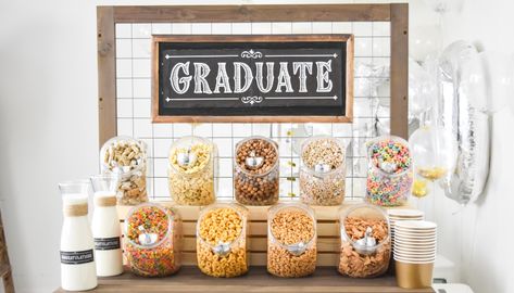 Cereal Bar Party Wedding Reception, Cereal Buffet Bar, Cereal Bar Party, Cereal Bars Party, Cereal Buffet, Associate Appreciation, Bar Party Ideas, Cereal Party, Senior Breakfast