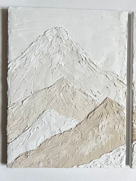 Textured Wall Art Mountain, Modern Mountain Wall Art, Easy Neutral Painting Ideas, Two Piece Art Canvases, Plaster Wall Art Mountains, Spackle Art Mountains, Neutral Mountain Painting, Minimalist Plaster Wall Art, Painted Plaster Art