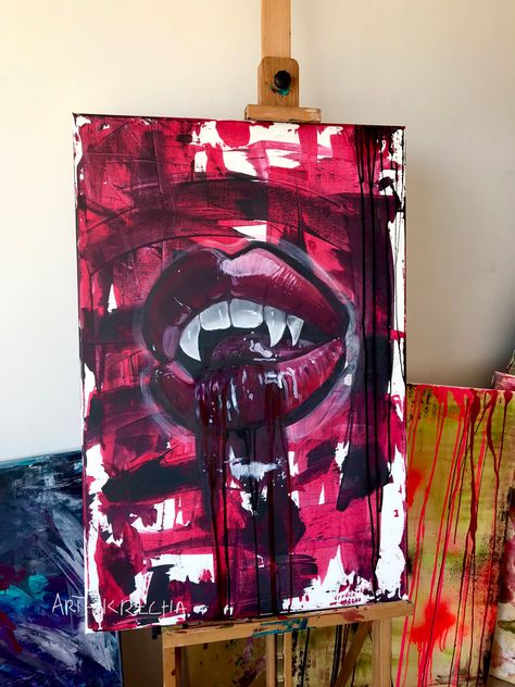 #vampire #lips #painting #art Vampire Painting Aesthetic, Vampire Pop Art, Lip Painting Acrylic, Vampire Painting Ideas, Vampire Painting Easy, Goth Canvas Paintings, Gothic Painting Ideas On Canvas, Trippy Canvas Painting Ideas Creative, Goth Painting Ideas On Canvas