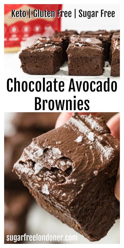 These easy, fudgy Keto avocado brownies are a feast for your taste buds! A deliciously gooey flourless brownie base, topped with a silky chocolate avocado frosting... sugar free dessert heaven. This low carb brownie recipe is only 3.4g net carbs per portion. Note - these brownies DO NOT taste of avocado! The avocado helps create the fudgy texture we all love in brownies whilst keeping the recipe light and seriously nutritious at the same time. #avocadobrownies #ketobrownies #lowcarbbrownie Keto Avocado Brownies, Keto Essentials, Chocolate Avocado Brownies, Avocado Dessert, Avocado Brownies, Low Carb Brownies, Chocolate Avocado, Postre Keto, Avocado Chocolate