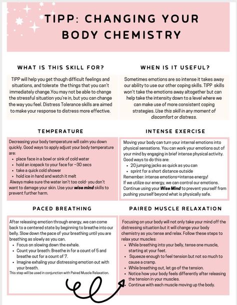 TIPP is a distress tolerance skill under Dialectical Behavioral Therapy. This is an infographic to print out or share with your clients, friends, or children, to help them better understand the technique of tolerating moments of distress. Act Therapy Skills, Therapy Techniques, Therapy Resources, Cbt Therapy Techniques, Fast Skills Dbt, Dbt Give Skill, Therapy Infographic, Distress Intolerance Dbt, Dbt Skills Distress Tolerance