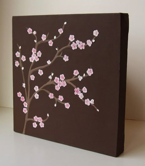 Modern Art Diy, Diy Wall Decor Ideas, Cherry Blossom Wall Art, Cherry Blossom Painting, Tree Paintings, Brown Painting, Small Canvas Paintings, Flowers Painted, Simple Canvas Paintings