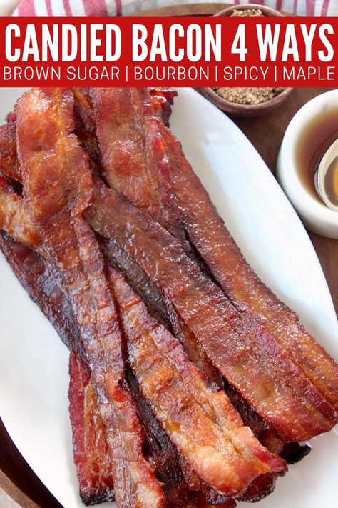 Candied bacon is the perfect sweet and salty snack, or a delicious addition to sandwiches! It's easy to make traditional candied bacon with brown sugar, or switch it up to make candied maple bacon, bourbon bacon or spicy candied bacon with sriracha. This recipe can be cooked in the oven or air fryer. Candied bacon is always a hit, which is why it's garnered nicknames like "man candy" and "million dollar bacon". Candied Bacon Twists, British Dessert Recipes, Bacon With Brown Sugar, Million Dollar Bacon, Maple Bacon Recipes, Candied Bacon Recipe, Easy Bacon Recipes, Blueberry Cream Cheese Muffins, Bourbon Bacon