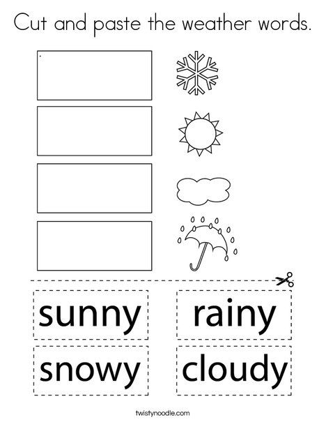 Cut and paste the weather words Coloring Page - Twisty Noodle 1st Grade Weather Worksheets, Pre K Weather Worksheets, Kindergarten Weather Activities, Weather Worksheets Preschool, Weather Worksheets For Kindergarten, W Is For Weather, Weather Coloring Pages, Weather Printables, Weather Kindergarten