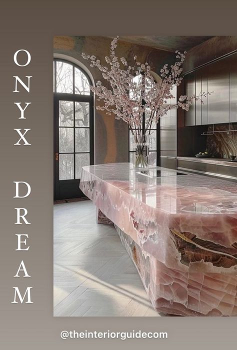 Pink Quartz Kitchen, Storybook Architecture, Onyx Kitchen, Modern Kitchen Ideas, Minimal Kitchen, Marble Console, Stylish Apartment, Stone Kitchen, Luxury Kitchen Design