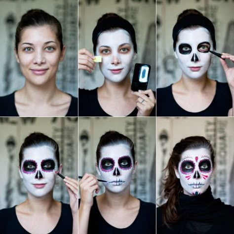 step by step sugar skull face painting | ... – The traditional Mexican sugar skull inspired look in six steps Nem Halloween Makeup, Makijaż Sugar Skull, Halloween Makeup Sugar Skull, Holiday Party Makeup, Skull Face Paint, Halloweenský Makeup, Sugar Skull Face, Dead Makeup, Sugar Skull Makeup