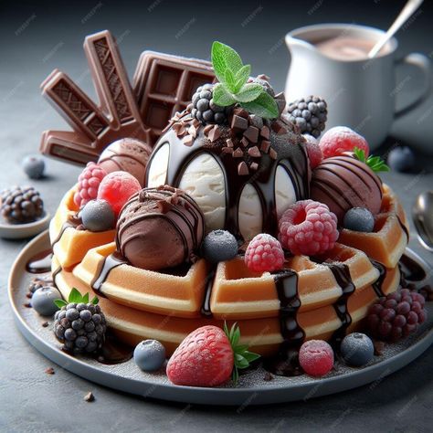 Premium AI Image | 3d illustration waffles with chocolate sauce and ice cream and fresh berry on dark gray background Waffles With Chocolate, Dark Gray Background, Food Decor, Dark Grey Background, Image 3d, Chocolate Sauce, Fresh Berries, Food Decoration, 3d Illustration