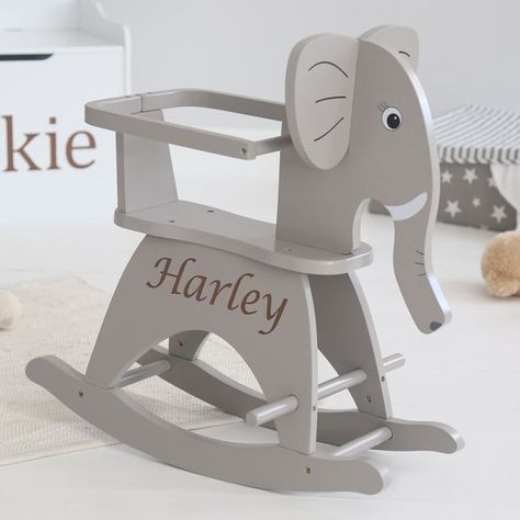 Personalized Grey Elephant Rocker   -----  Well I don't know what's cuter than this Elephant Rocker! Elephant Rocker, Rocking Horse Woodworking Plans, Rocking Elephant, Wooden Toy Cars, Baby Bug, Rocking Toy, Wooden Toys Plans, Wooden Elephant, Grey Elephant