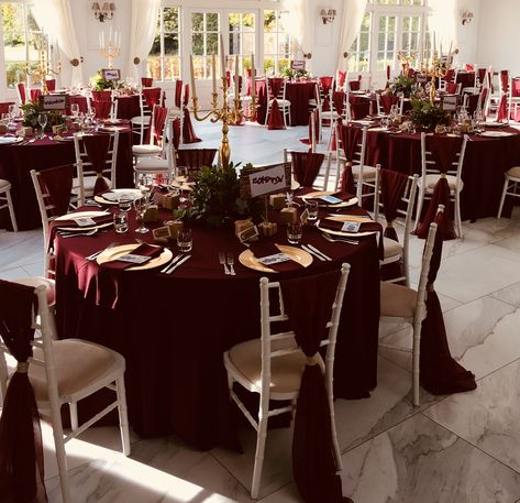 White Burgundy Gold Wedding, Burgundy Tablecloth Wedding Overlays, Burgundy And Ivory Table Setting, Maroon And Gold Wedding Centerpieces, Burgundy Main Table Wedding, Burgundy And Gold Wedding Reception Wedding Table Decor, Red Lace Tablecloth, Burgundy White Gold Wedding, Burgundy Gold Wedding Decorations