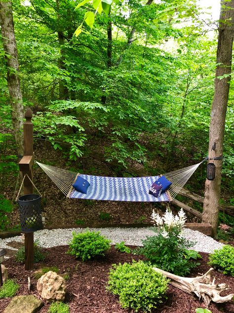 Backyard Hammock Oasis, Hammock Between Trees, Hammock Area Ideas Backyards, Outdoor Hammock Ideas, Hammock Oasis, Backyard Hammock Ideas, Hammock Corner, Meditation Garden Ideas, Hammock Area