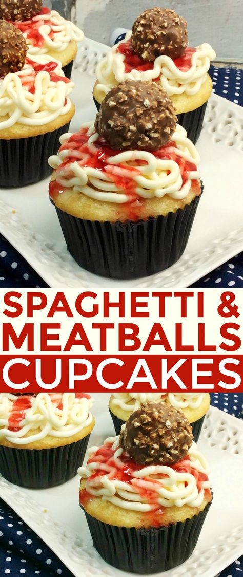 These Spaghetti & Meatballs Cupcakes are a fun treat that everyone is sure to love. How cute are these cupcakes? They look like real spaghetti and meatballs on top of a cupcake! Did it fool you? Crazy Cupcakes Ideas, Cool Cupcakes Ideas, Fair Cupcakes Ideas, Food Inspired Cupcakes, Spaghetti And Meatball Cupcakes, Food Cupcakes Ideas, Food Theme Cupcakes, Desserts That Look Like Real Food, Food Themed Cupcakes