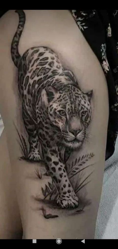 Snowlepord Tattoo, Snow Leopard Tattoo, Tattoo On Thigh, Leopard Tattoo, Background Tattoo, Leopard Tattoos, Snow Leopard, Thigh Tattoo, Tattoo On