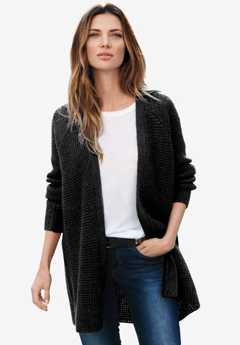 Open Front Waffle Cardigan | OneStopPlus Waffle Cardigan, Cardigan Oversized, Plus Size Cardigans, Plus Size Sweaters, Womens Fashion For Work, Fashion Over 50, Open Front Cardigan, Knit Sweater Cardigan, Work Fashion