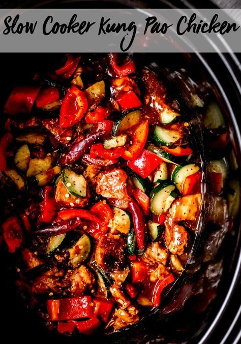 Slow Cooker Kung Pao Chicken is perfect for weeknight dinners. Chicken simmered in a spicy sauce and finished off with crisp sautéed red peppers and crunchy peanuts. #kungpao #kungpaochicken #slowcookerrecipe #crockpotrecipe #slowcookerkungpao Kung Pao Chicken Crockpot, Slow Cooker Kung Pao Chicken, Crockpot Asian, Slow Cooker Asian Chicken, Spicy Asian Chicken, Dinners Chicken, Slow Cooker Asian, Asian Dish, Freezer Meal Prep