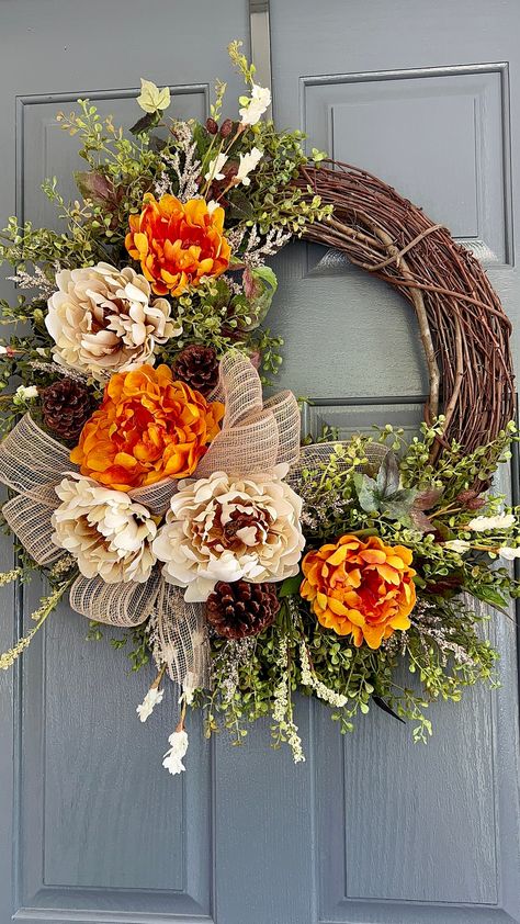 Late Summer Wreath, September Wreath Ideas, Fall Wreaths With Peonies, Cream Colored Fall Wreaths, Sunflower Wreaths For Front Door Autumn, Peony Fall Wreath, August Wreath, 12” Fall Wreaths, Fall Grapevine Flower Wreath