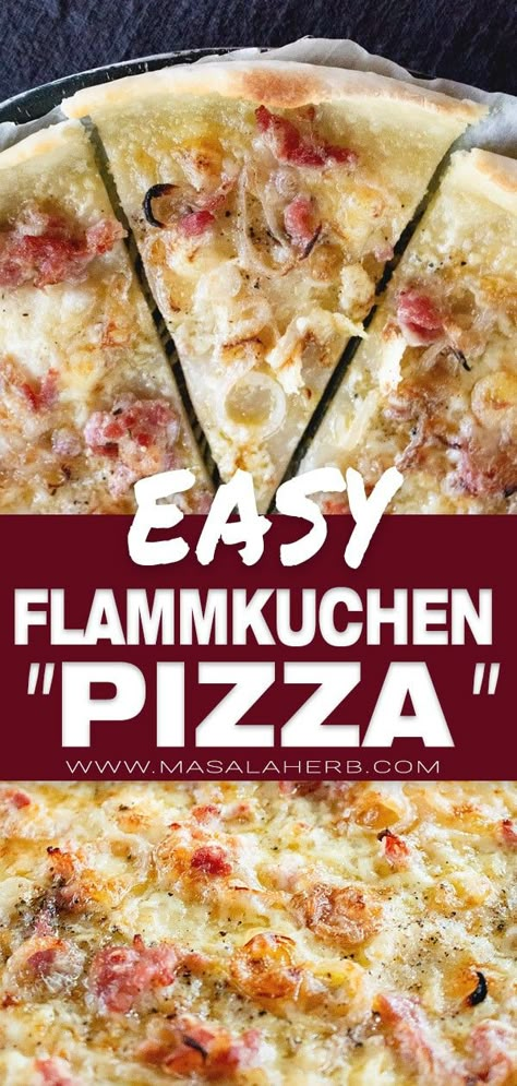 Flammkuchen (Tarte flambée) is a quick and easy meal idea and a welcome change from the conventional pizza. German Pizza Recipes, Flamkuchen Recipe, Flammkuchen Recipe, Cold Vegetable Pizza, French Pizza, Vegetable Pizza Recipes, Mushroom Pizza Recipes, Pizza Marinara, Pizza Video