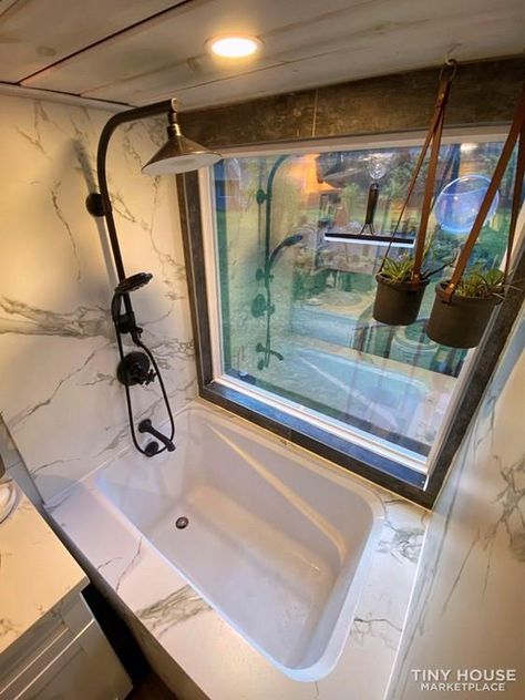 Tiny House Astetic, Staircase Tiny House, Tiny Home With Bathtub, Tiny House Bathroom With Tub, Tiny House With Bathtub, Tiny Home Bathtub, Tiny Home Aesthetic, Tiny House Bathroom Tub, Tiny Bathtub