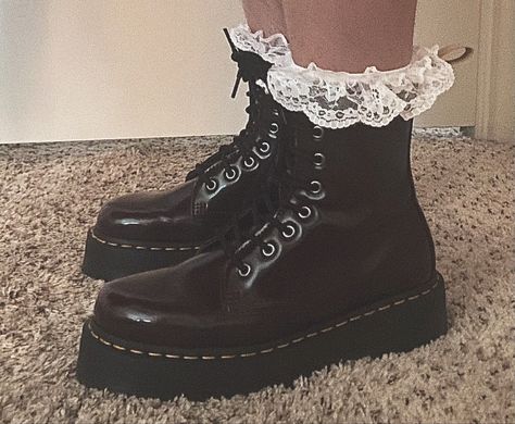 Doc Martens Laces Style, Ruffle Socks Outfit, Lacy Socks, Cherry Shoes, Doc Martins Boots, Ruffle Socks, Frilly Socks, Outfit References, Guts Tour