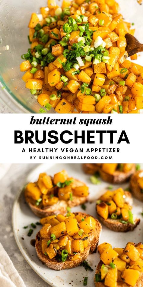 This delightful, vegan butternut squash bruschetta is the perfect Fall appetizer for holiday gatherings and entertaining. Butternut Squash Snacks, Butternut Squash Dip Recipes, Butternut Squash Bruschetta, Vegan Appetizers Thanksgiving, Vegan Fall Appetizers For Party, Vegan Thanksgiving Appetizers Easy, Vegan Fall Snacks, Butternut Appetizer, Christmas Vegan Appetizers