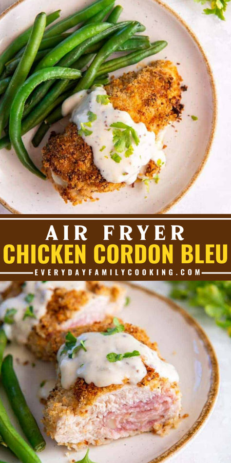 Here’s my air fryer chicken cordon bleu recipe that has super crispy breading. It’s so good my husband requests I make it in the air fryer every time! Chicken Cordon Bleu Air Fryer Recipe, Air Fryer Chicken Cordon Bleu Recipes, Chicken Cordon Bleu Recipes, Chicken Cordon Bleu In Air Fryer, Frozen Chicken Cordon Bleu In Air Fryer, Air Fryer Cordon Bleu, Healthy Cordon Bleu Chicken, Chicken Breast Recipes Air Fryer, Ham And Cheese Stuffed Chicken