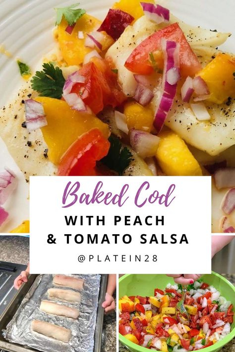 Have you ever put salsa on fish?! Do it! It’s delicious. We promise! Add homemade peach & tomato salsa to white fish, and you’ll be in summertime heaven. #cod #bakedcod #peachsalsa #summer #quickrecipes #familyrecipes Baked Fish With Salsa, Peach Fish Recipes, Salsa For Fish, Paleo Cod, Basa Fish Recipes, Mexican Main Dishes, Quick Seafood Recipes, Arugula Salad Recipes, Peach Salsa