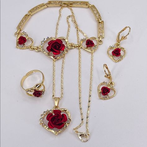 Chapado En Oro 14k Amor Rosas Hueca Hacia Fuera Conjunto/14k Gold Plated 3d Hollowed Out Rose Set Red And Gold Accessories, Quince Jewelry, Pandora Red, Red Quince, Gold Pearl Bracelet, Beautiful Beaded Jewelry, Drugstore Foundation, Turquoise Charm, Howlite Bracelet