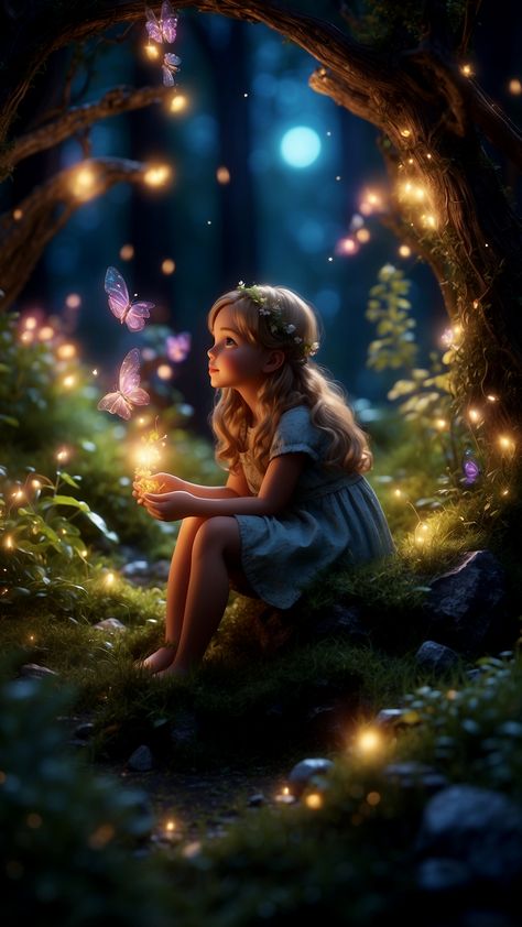 fairy forest in the middle of the night, glowing little fairy, lay summer, night, scenery Fairy Land Magical Forest, Glowing Fairy, Glowing Butterfly, Forest Fairies, Happy Night, Land Girls, Girly Dp, Forest Baby, Fairy Forest