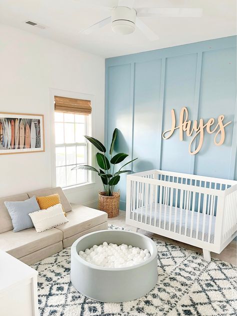 Toddler Boy Surf Room, Beach Cottage Nursery, Ocean Themes Nursery, Coastal Boys Nursery, Coastal Nursery Bloxburg, Coastal Baby Room Bloxburg, East Coast Nursery, Surf Boys Room, Baby Boy Themes Nursery