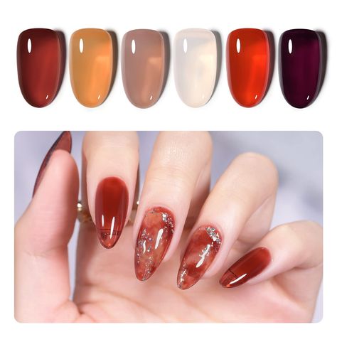 Transparent Red Nails, Brown Jelly Nails, Sheer Gel Polish, Black Gel Nails, Simple Fall Nails, Basic Nails, Nail Polish Kits, Gel Nail Polish Set, Jelly Nails