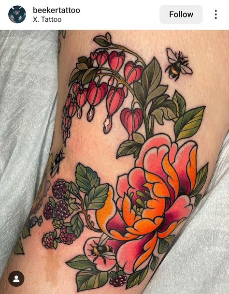 Folky Flower Tattoo, American Flower Tattoo, Traditional Bumble Bee Tattoo, Neo Traditional Flower Tattoo Design, Poisonous Flowers Tattoo, Matching Knee Tattoos, American Trad Flower, Traditional Tattoo Flower, Bees Knees Tattoo