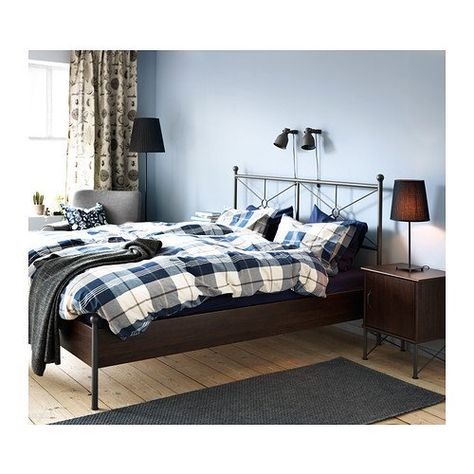 Ikea Kustruta duvet cover and bedroom idea Ikea Musken, Framed Headboard, Ikea Bedroom Furniture, Rustic Bedside Table, Beige Bed Linen, Ikea Bedroom, Brown Bed, Ikea Furniture, Bedroom Furniture Sets