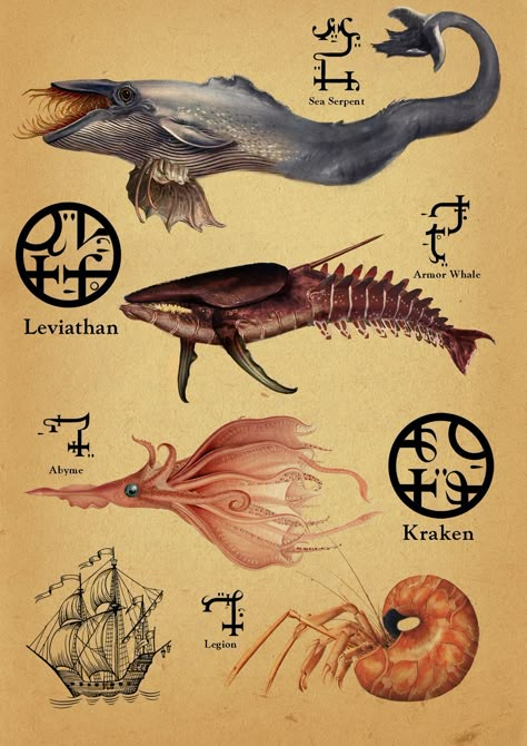 Leviathan and Krakens. Mythical Creatures Art Mythology, Fantasy Worldbuilding, Sea Creatures Art, Bodies Of Water, Macklemore, Creature Artwork, Cool Monsters, Curious Creatures, Underwater Creatures