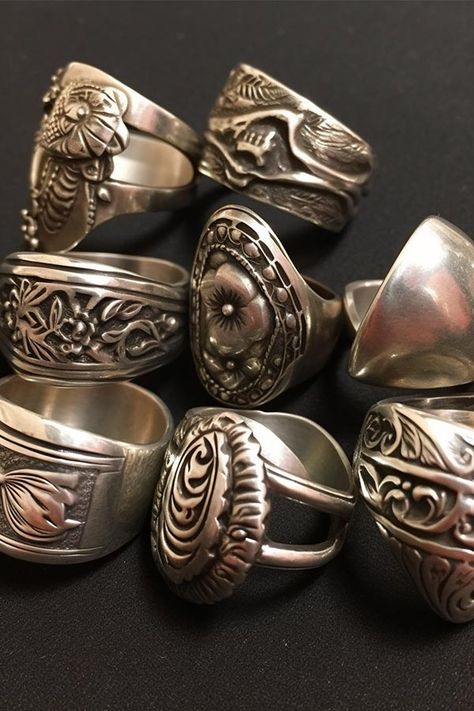 Recycled Silverware Crafts, Making Jewelry From Silverware, Old Jewelry Repurposed Diy Projects, How To Make Spoon Rings Diy, Fork Rings Silverware Jewelry, Making Spoon Rings, How To Make A Spoon Ring, Cutlery Jewellery Ideas, How To Make Spoon Rings