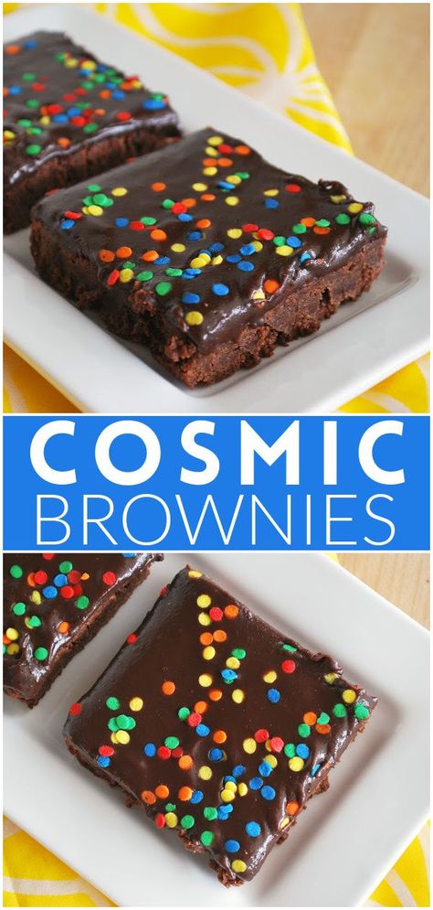 Homemade Cosmic Brownies – you have to make this Little Debbie copycat recipe! Fudgy brownies topped with rich chocolate ganache and sprinkles. Cosmic Brownies Recipe, Homemade Cosmic Brownies, Salad Pasta Recipes, Brownies Fudgy, Fake Ginger, Homemade Brownies Easy, Debbie Snacks, Cosmic Brownies, Little Debbie