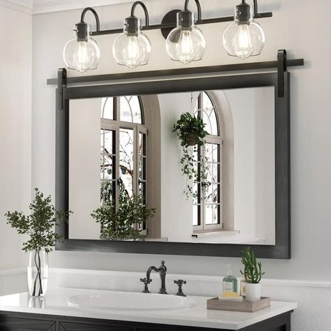 Modern Wall Mirrors, Rectangular Mirror with Wood Framed, Bathroom Mirror Barn Mirror Barn Door Mirror with Multi Size - On Sale - Bed Bath & Beyond - 38287704 Black Rectangle Wood Mirror Bathroom, Black Bathroom Mirror And Sconces With Silver Faucet, Black Bath Vanity Mirrors, Dark Wood Framed Bathroom Mirror, Bathroom Mirror Lowe's, Bathroom Vanity Mirror Single Sink Paint, Master Bath Mirrors Black Matte, Gray Mirror Vanity, Bathroom Shiplap Mirror