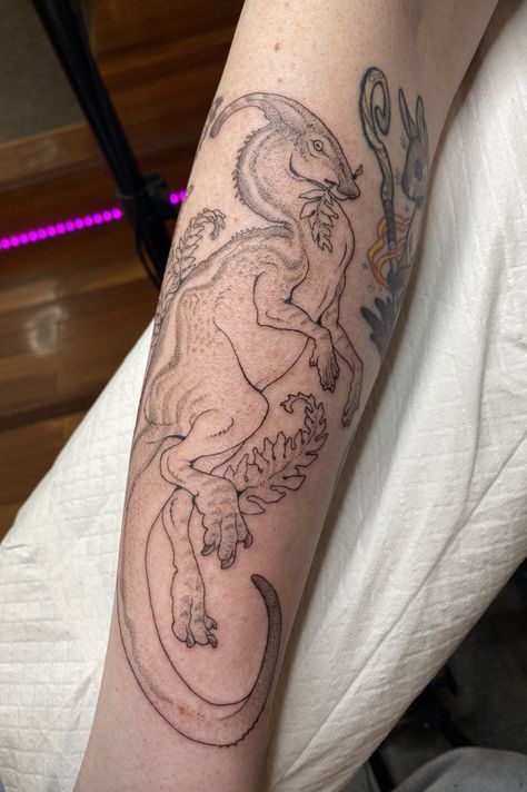 Dino Bones Tattoo, Anomalocaris Tattoo, Styracosaurus Art, Allosaurus Tattoo, Dino Tattoo Ideas, Mosasaurus Tattoo, Carnotaurus Tattoo, Dinosaur Sleeve Tattoo, Dilophosaurus Tattoo