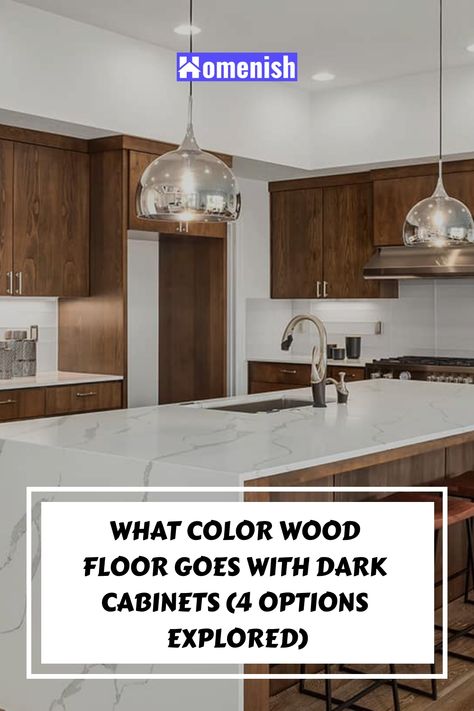 What Color Wood Floor Goes with Dark Cabinets (4 Options Explored) Wood Flooring With Dark Cabinets, Dark Cabinets Wood Floor, Dark Cabinet Light Floor, Kitchen Flooring With Dark Wood Cabinets, Flooring With Walnut Cabinets, Flooring With Dark Cabinets Kitchen, Light Wood Floors Dark Cabinets, Dark Cabinet Colors, Dark Wood Floors Kitchen