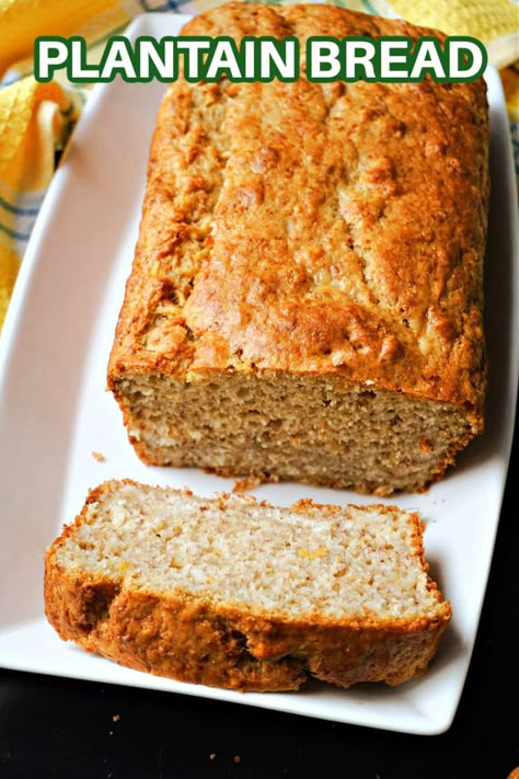 Plantain Bread or Plantain Cake with a touch of cardamom and coconut, a healthy dessert recipe with no refined sugar added. The cake is sweetened with maple syrup and has a lovely moist and fluffy texture. It's quick and easy to make with a few simple ingredients, and can be enjoyed for brunch, dessert or afternoon tea time. Plantain Recipes Healthy, Plantain Cake, Plantain Bread, Brunch Dessert, Plantain Recipes, Cooking Pumpkin, Fluffy Texture, Flour Recipes, Quick Breads