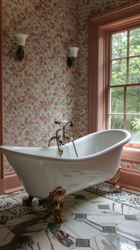 White vintage claw-foot bathtub in elegant Victorian bathroom with floral wallpaper and marble flooring, a perfect blend of old-world charm and contemporary sophistication Victorian Bathroom Decor, Clawfoot Tub Ideas, White Clawfoot Tub, Claw Bathtub, Claw Foot Bathtub, Black Clawfoot Tub, Tub Design, Farmhouse Transitional, Every Aesthetic