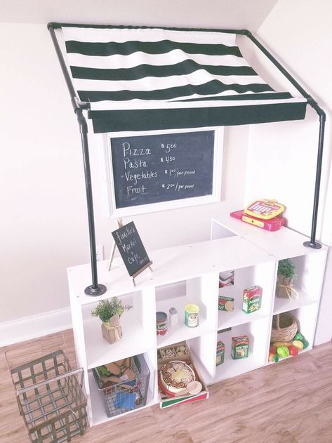 Kids DIY cafe and store, black and white playroom White Playroom, Playroom Shelves, Kids Bedroom Organization, Diy Playroom, Basement Playroom, Girls Playroom, Playroom Design, Playroom Organization, Toy Rooms