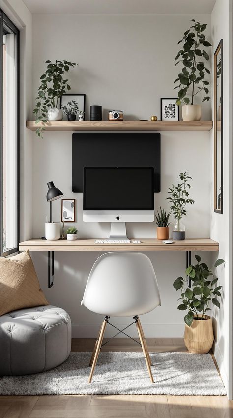 Tiny Home Desk Ideas Minimalist Desk In Bedroom, Floating Desk With Shelves, Floating Study Table, Floating Shelves Above Desk, Minimal Boho Bedroom, Home Desk Ideas, Small Space Desk, Modular Desk System, Desk Solutions