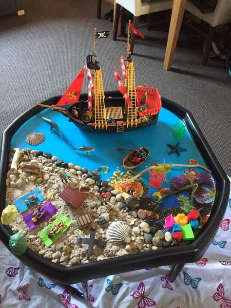 The Big Ship Sails Tuff Tray, Pirate Tough Tray Ideas, Pirate Tuff Tray, Pirate Tuff Tray Ideas, Tough Tray Ideas, Tuff Tray Ideas Toddlers, Pirate Activities, Tuff Spot, Pirate Crafts