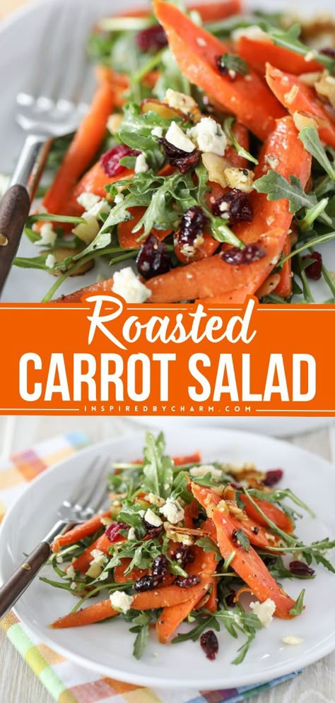 What your Easter dinner menu needs! It's a kid-friendly Easter side dish with roasted carrots. Tossed with arugula, blue cheese, dried cranberries, and almonds, this roasted carrot salad recipe is delicious! Coconut Dressing, Roasted Carrot Salad, Easter Salad, Amazon Halloween, Roasted Carrots Recipe, Carrot Salad Recipes, Honey Dressing, Easter Side Dishes, Roasted Carrot