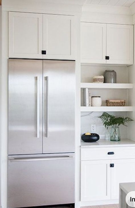 Fridge Double Oven Wall, Fridge Beside Wall, Fridge By Wall, Oven Wall Kitchen, Kitchen Fridge Layout, Fridge Oven Wall, Oven Beside Fridge, Appliance Placement In Kitchen, Fridge Cupboard Ideas