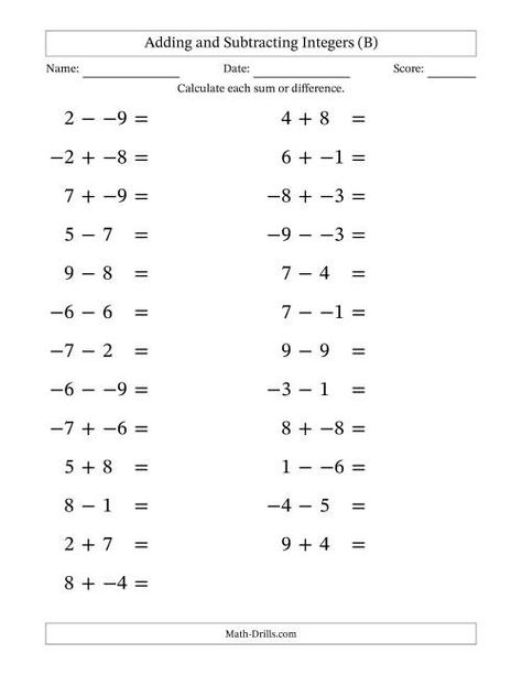 The Adding and Subtracting Mixed Integers from -9 to 9 (25 Questions; Large Print; No Parentheses) (B) Math Worksheet Addition And Subtraction Of Integers, Adding Subtracting Integers, Adding And Subtracting Negative Numbers, Addition Of Integers, Adding Integers Worksheet, Subtracting Integers Worksheet, Decimal Multiplication, 7th Grade Math Worksheets, Adding Integers