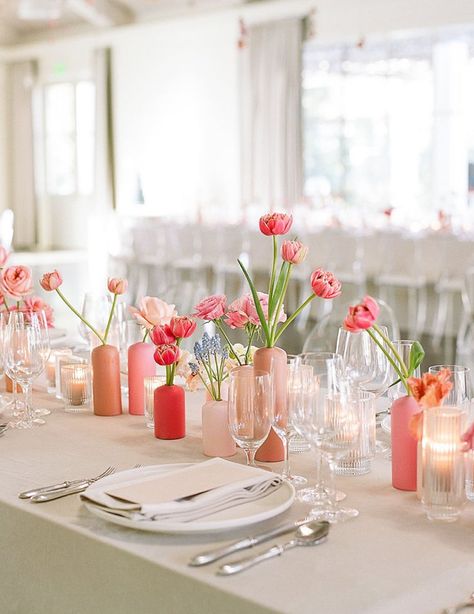 Table Setting Spring Wedding, Different Vases Wedding Centerpiece, Pink And Orange Bud Vases, Peach Bud Vases, Bud Vase Centerpiece Long Table, Bud Vase Runner, Bud Vases Wedding Centerpiece Long Table, Bud Vases Round Table Wedding, Flower Vases Centerpiece