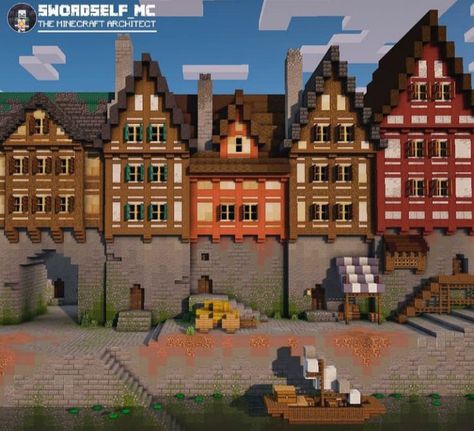 Minecraft City Apartment, Town Builds Minecraft, German House Minecraft, Mc Town Ideas, Minecraft Medieval City Layout, Town Center Minecraft Ideas, Minecraft Medieval Town House, Minecraft Town Centre, Minecraft Town Ideas Layout Cottagecore