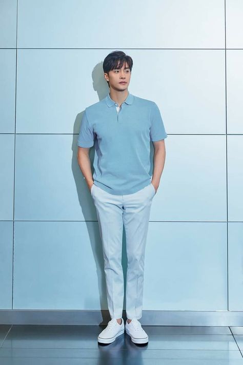 Blue Outfit Korean Men, Slacks Outfit Casual Men, Shirt Outfit Men Korean, Tito Outfit, Slacks Outfit Casual, White Polo Shirt Outfit Men, White Shirt For Men, White Shirt Outfit, Korean Men Fashion