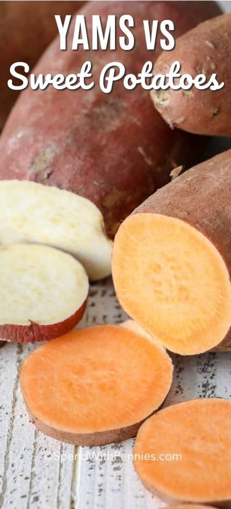 If you are confused about the difference between a Yam vs Sweet Potato, you are not alone! While these tubular vegetables may look alike, they are very different. #spendwithpennies #yamvssweetpotato #yams #sweetpotatoes #comparingvegetables #rootvegetables Yams Vs Sweet Potatoes, Sweet Potato Noodle Salad, Sweet Potato Chickpea Curry, Yam Or Sweet Potato, Saturated Fats, Yams Recipe, Cooking Sweet Potatoes, Salad With Sweet Potato, Food Ingredients